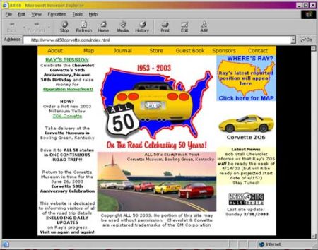 Brass Ring Multimedia design: All 50 Corvette, The all-time great road trip! website Home Page (image)