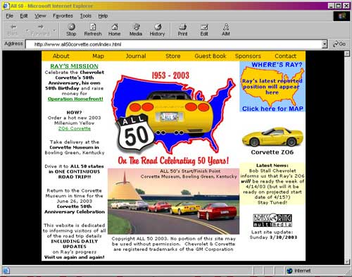 Brass Ring Multimedia design: All 50 Corvette, The all-time great road trip! website Home Page (image)