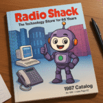 1987-style Radio Shack catalog featuring Brass Ring Web Design’s purple robot Widget on the cover, lying on a wooden desk at a slight angle under soft cool light.
