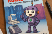 1987-style Radio Shack catalog featuring Brass Ring Web Design’s purple robot Widget on the cover, lying on a wooden desk at a slight angle under soft cool light.