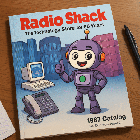 Widget Model BR-87 — a purple robot from a 1987 RadioShack-style catalog, newly upgraded with AI learning