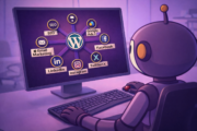 Widget, Brass Ring's AI web design robot at workstation viewing WordPress hub-and-spoke digital marketing diagram on monitor.