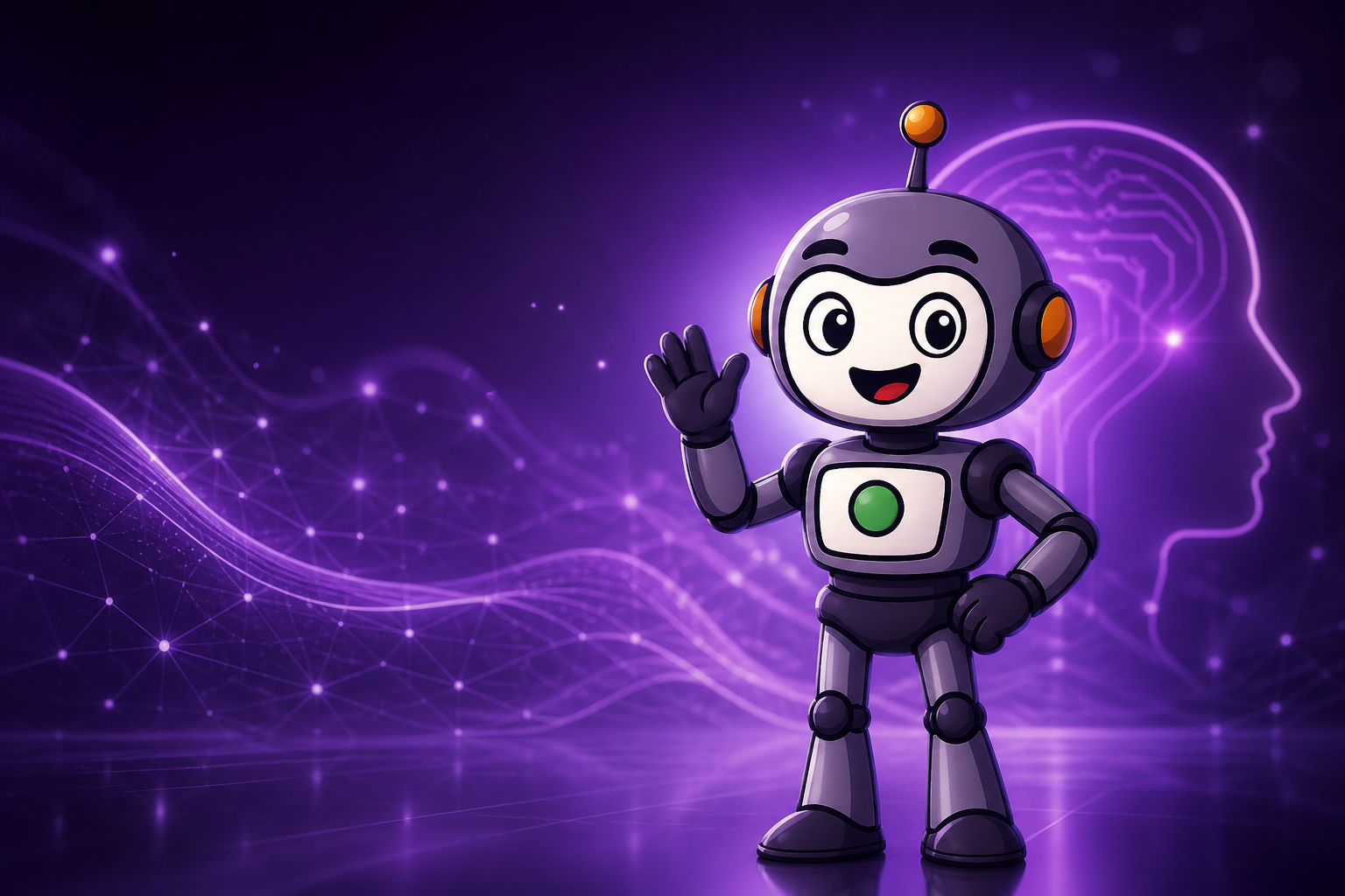Friendly robot mascot in a glowing digital space, representing how AI supports creativity and real-world business work.